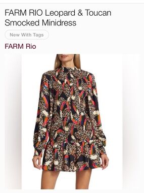 FARM Rio Black Multicolor Smocked Minidress with Leopard andToucan Print size XS
